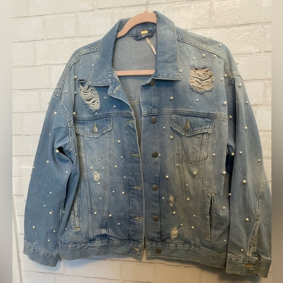 Free People Jackets & Blazers - Free People Sunday Funday Trucker Denim Pearl Embellished Jean Jacket XSmall